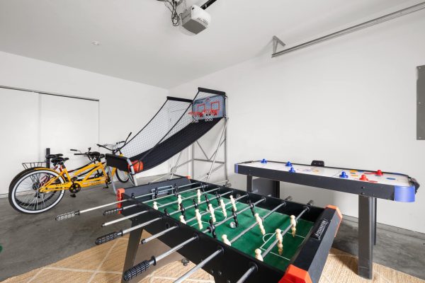 Pop-a-shot basketball, foosball, and air hockey